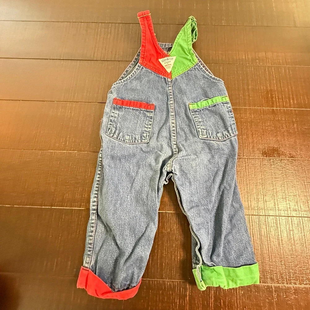 OshKosh B'gosh Overalls Kids 18M Blue Red Green Denim Vintage USA Bear Patch Fat